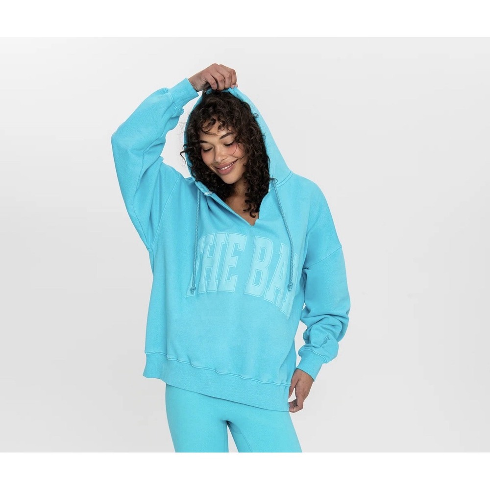 NWT The Bar Split Neck Hoodie Logo Tidal Wave Blue Teal Oversized Large/L